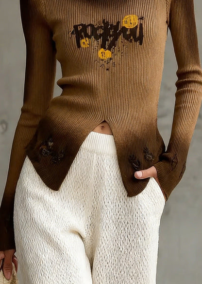 Italian Brown Gradient V Neck Print Knit Top Spring