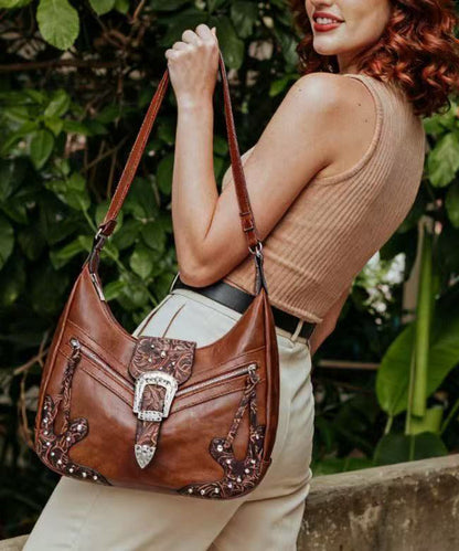 Chic Brown Appliqued Rivet Faux Leather Shoulder Bags