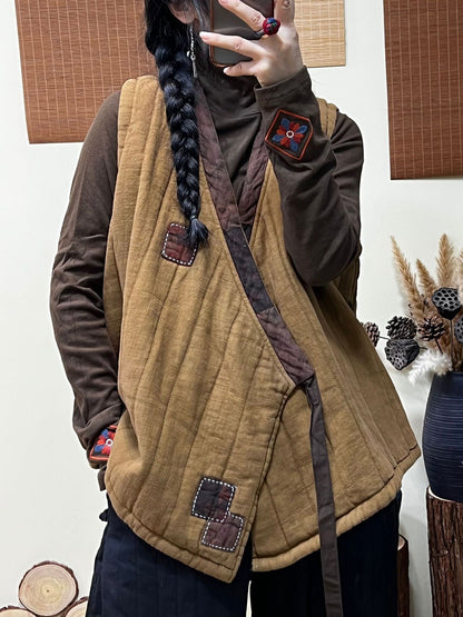 Women Winter Ethnic Style Patch Loose Belt V-Neck Vest