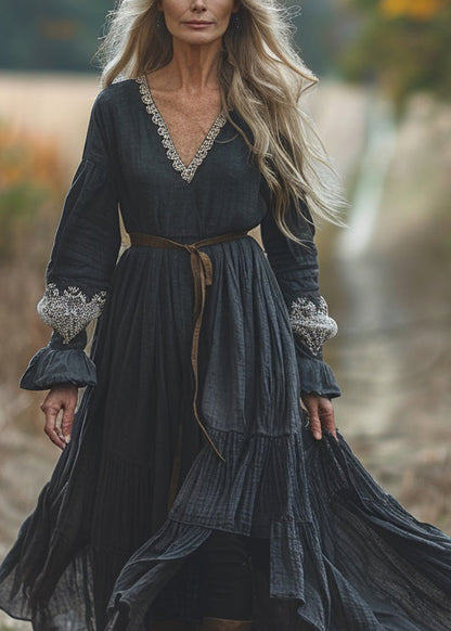 Casual Black V Neck Lace Patchwork Cotton Dresses Spring