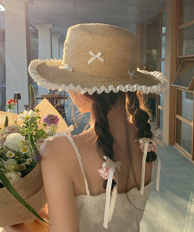 Fashion White Bow Ruffled Straw Woven Floppy Sun Hat