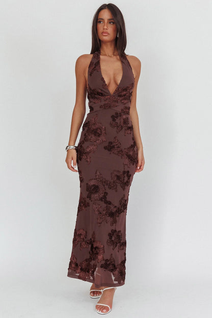 Cipriana Backless Halter Maxi Dress Embellished Brown