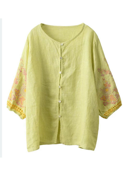 Women Light Green Embroidered Linen Shirts Bracelet Sleeve