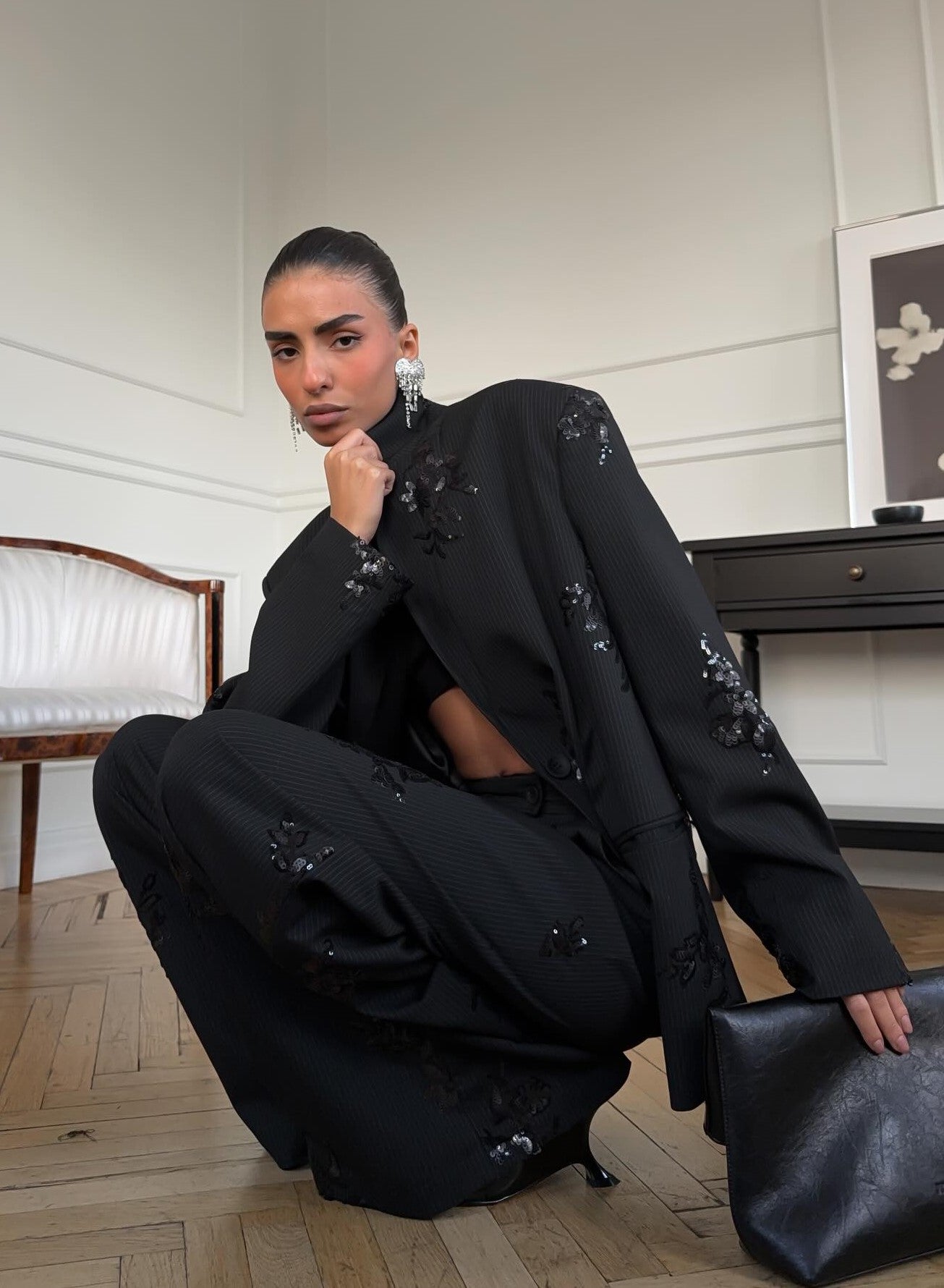Women's Black Pinstripe Blazer Set with Sequin Embroidery Oversized Pants