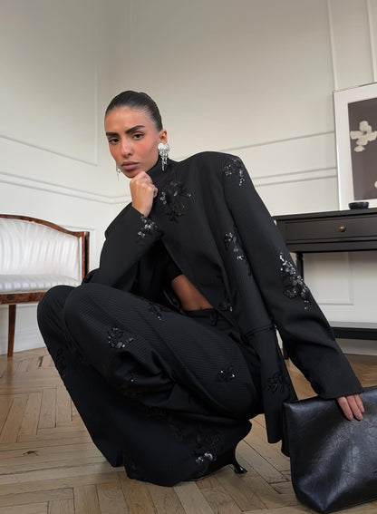 Women's Black Pinstripe Blazer Set with Sequin Embroidery Oversized Pants