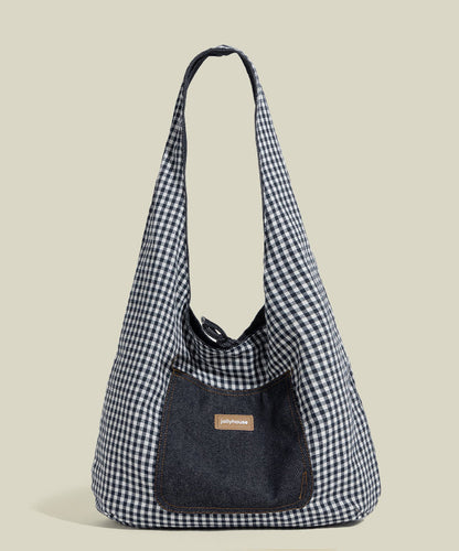 Boho Red Plaid Patchwork Large Capacity Canvas Satchel Handbag