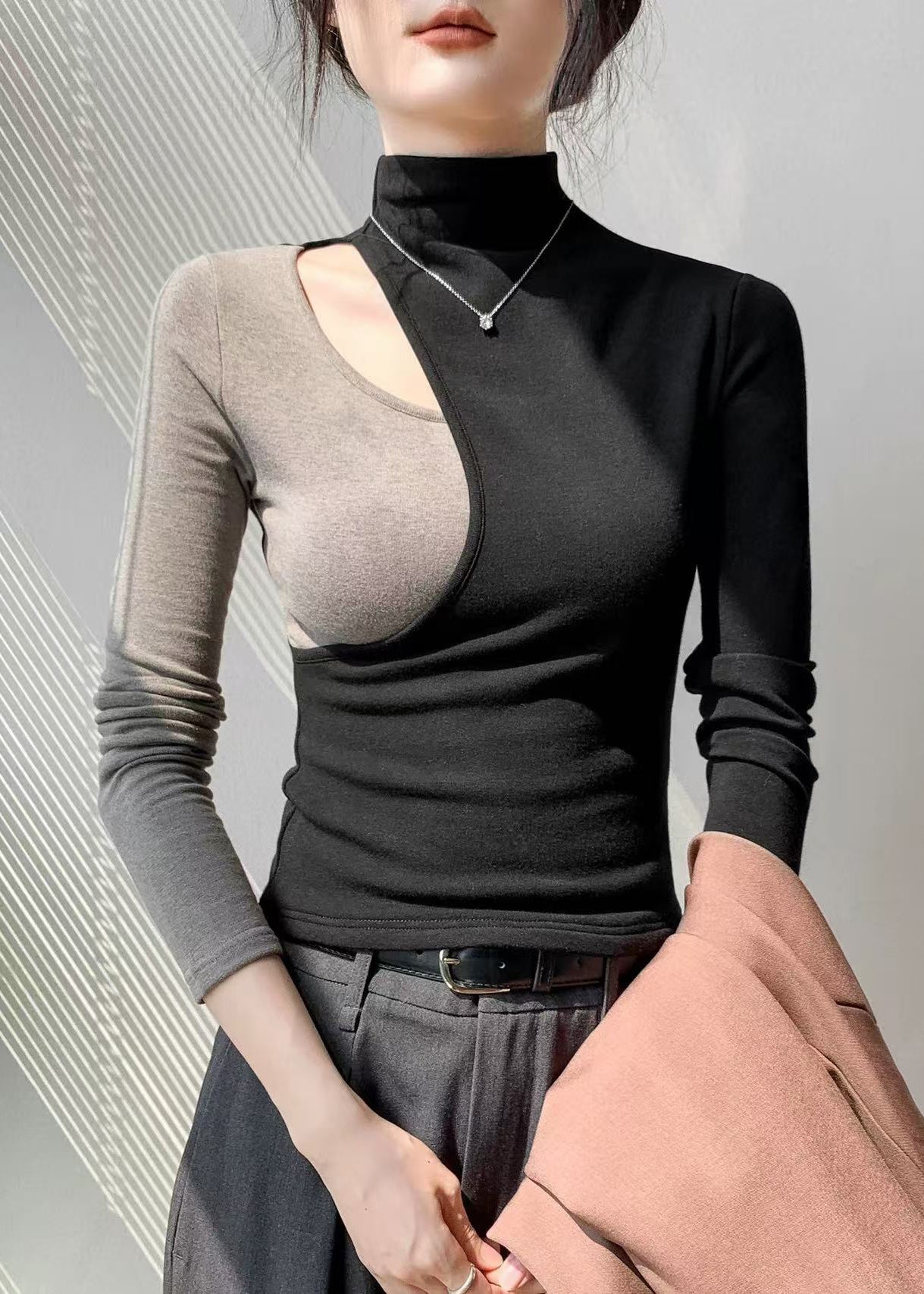 Fashion Black Hign Neck Hollow Out Patchwork Cotton T Shirt Fall