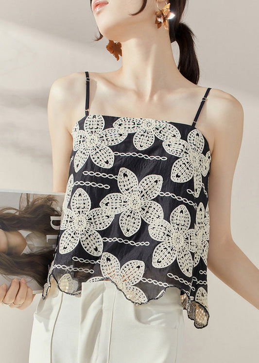 Casual Black Backless Embroideried Tanks Sleeveless