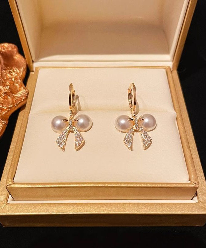 Fashion Gold Copper Alloy Zircon Patchwork Bow Pearl Hoop Earrings