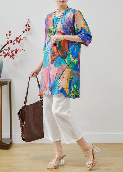Elegant Blue Butterfly Tie Dye Linen Two Pieces Set Summer