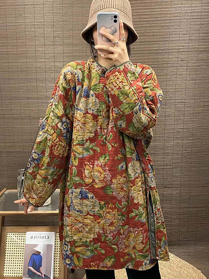 Winter Ethnic Button Floral Print Splict Hem Coat