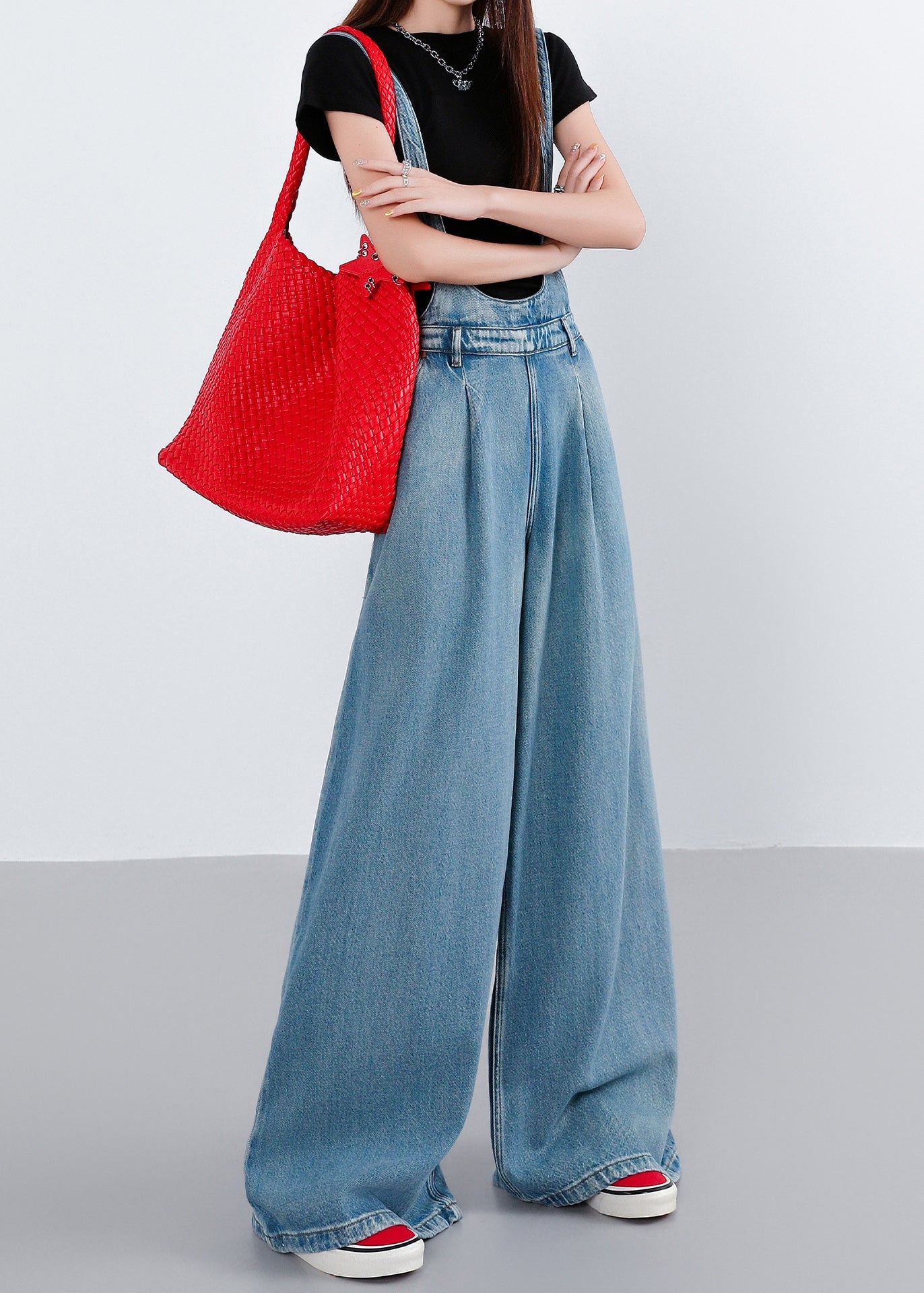 Casual Blue Pockets Patchwork Denim Wide Leg Jumpsuit Fall