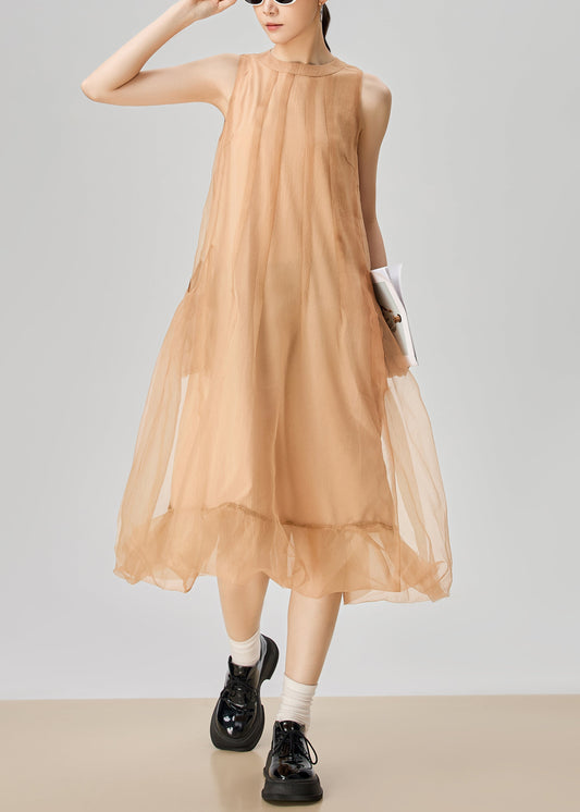 Elegant Orange O Neck Zippered Pockets Tulle Long Dress Sleeveless