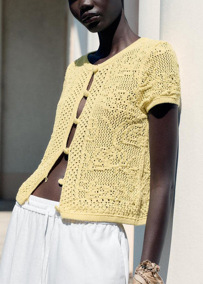 Women Yellow Button Hollow Out Knit T Shirt Summer