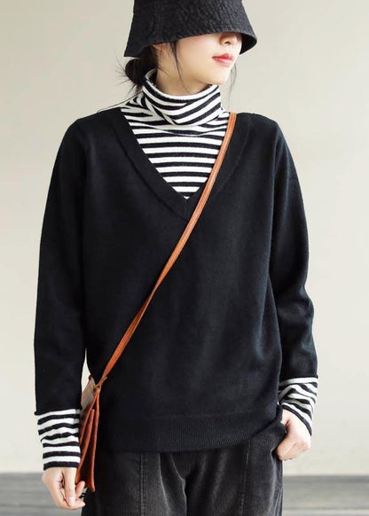 Winter  Black Sweaters Loose fitting Patchwork High Neck Knit Tops