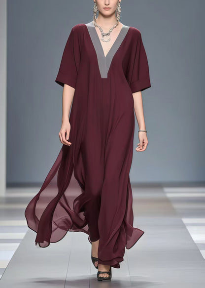 Vintage Mulberry V Neck Patchwork Chiffon Long Dress Summer