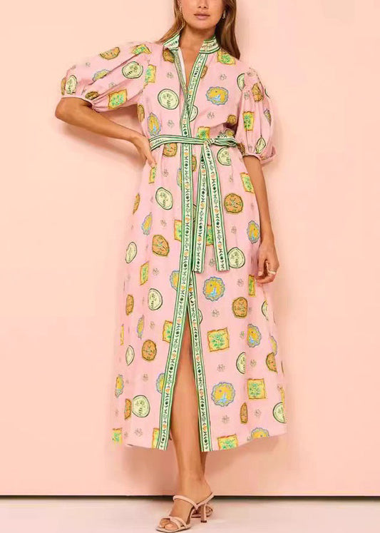 Elegant Pink Print Tie Waist Cotton Blouses Dresses Half Sleeve