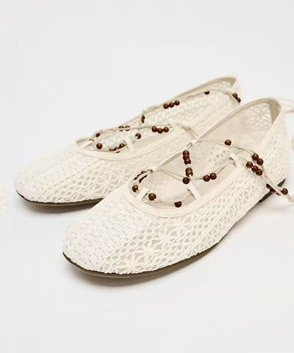 2025 New White Knit Fabric Lace Up Hollow Out Flat Shoes