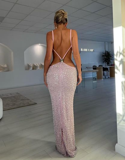 Blush Pink Beaded Cutout Maxi Gown