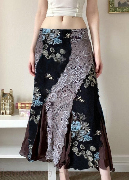 Bohemian Black Print Patchwork Cotton Skirts Summer
