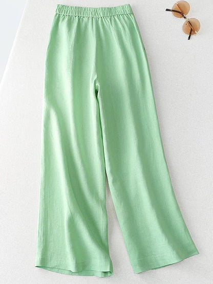 Solid Color Straight Casual High Waist Ninth Linen Pants