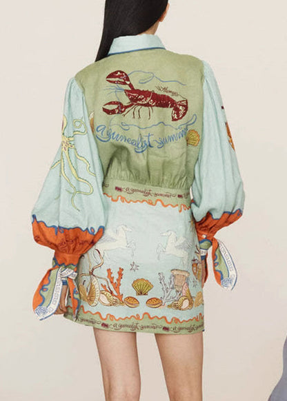 Natural Green Print Two Pieces Set Shirts And Skirts Lantern Sleeve