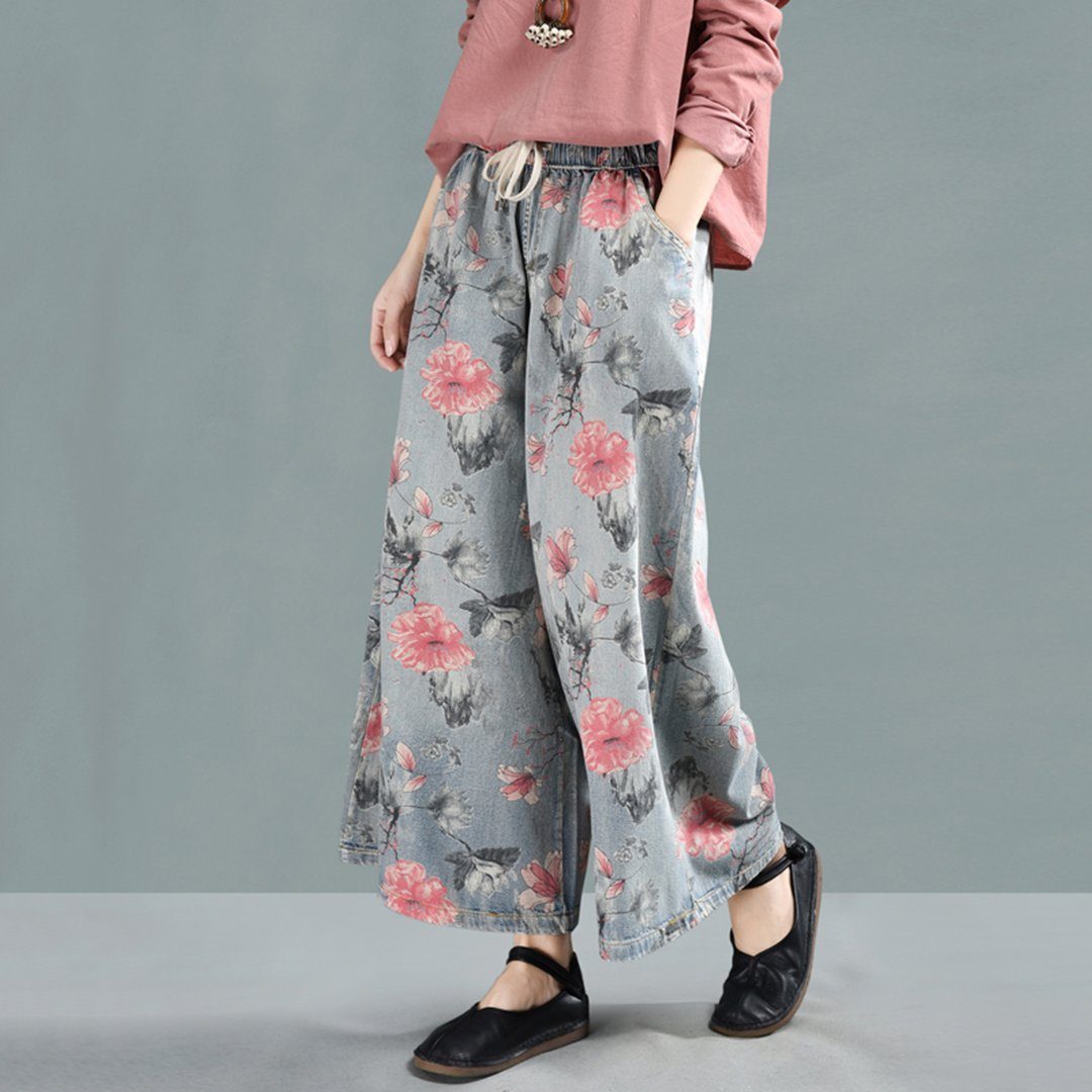 Floral Cropped Wide Leg Denim Pants