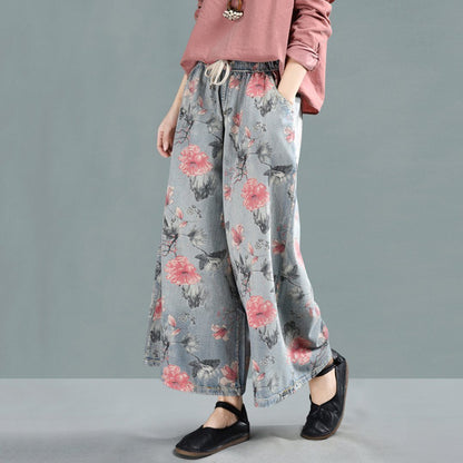 Floral Cropped Wide Leg Denim Pants