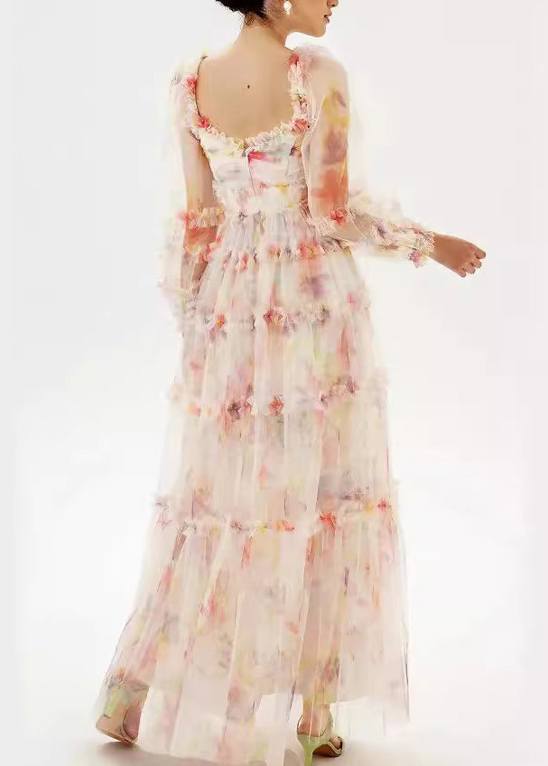 Women U Neck Ruffled Patchwork Tulle Long Dress Summer