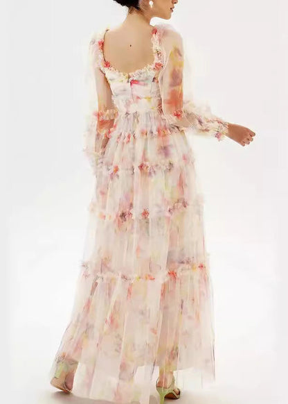 Women U Neck Ruffled Patchwork Tulle Long Dress Summer