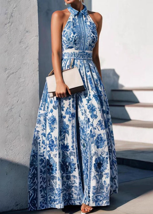 Boho Baby Blue Peter Pan Collar Print Maxi Dress Summer