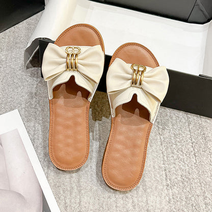 Women 2022 Retro Fashion Leather Bowknot Slippers