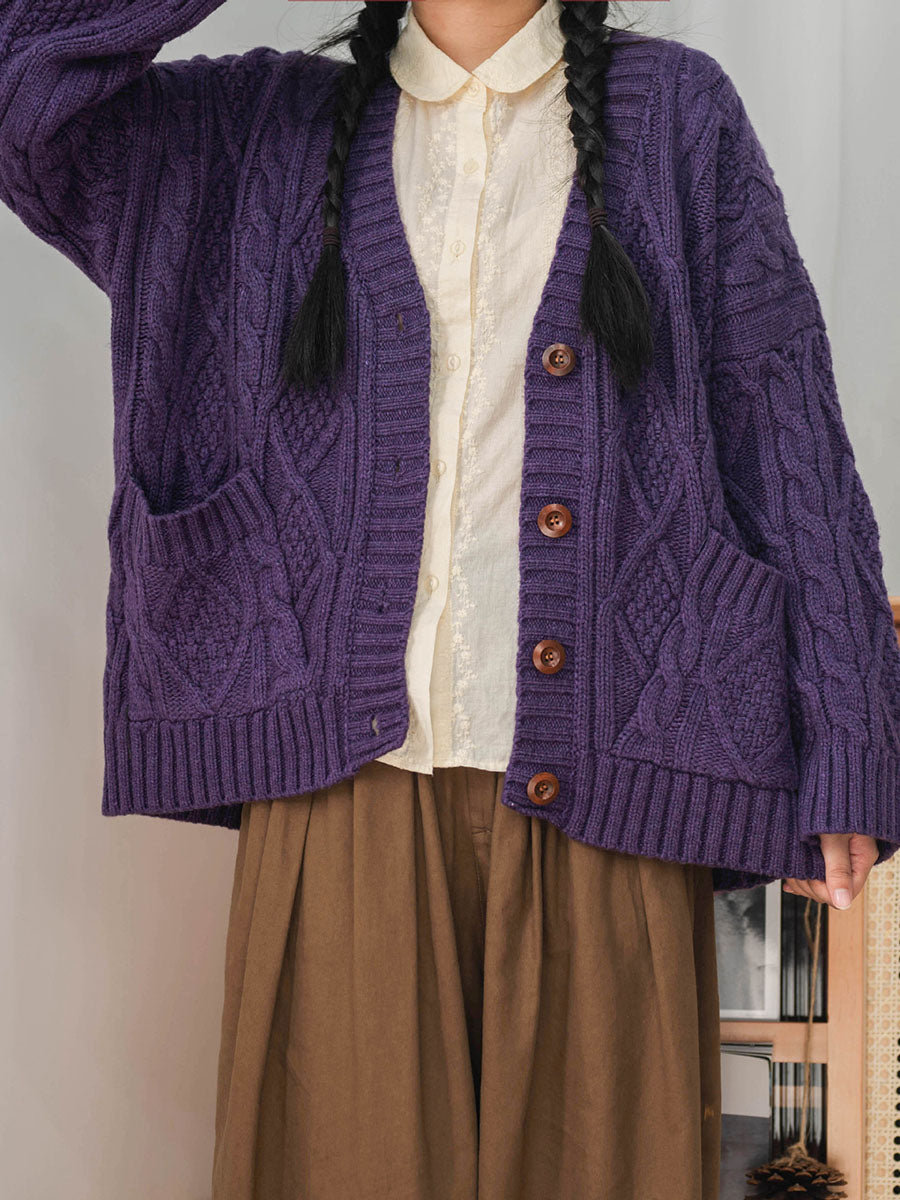 Women Winter Vintage Knitted Button Loose Sweater Cardigan
