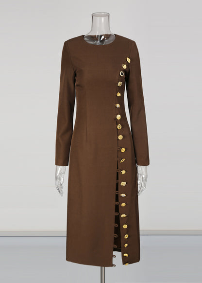 Slim Fit Coffee O-Neck Patchwork Button Trench Coats Fall