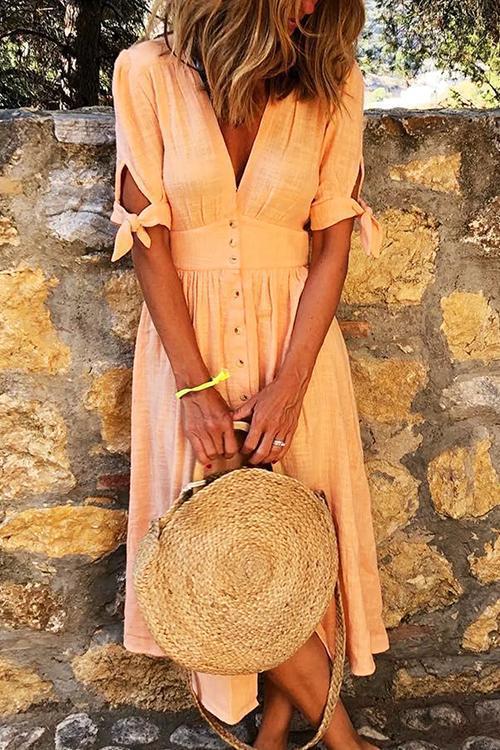 Casual Vacation Button Knot Sleeve Dress