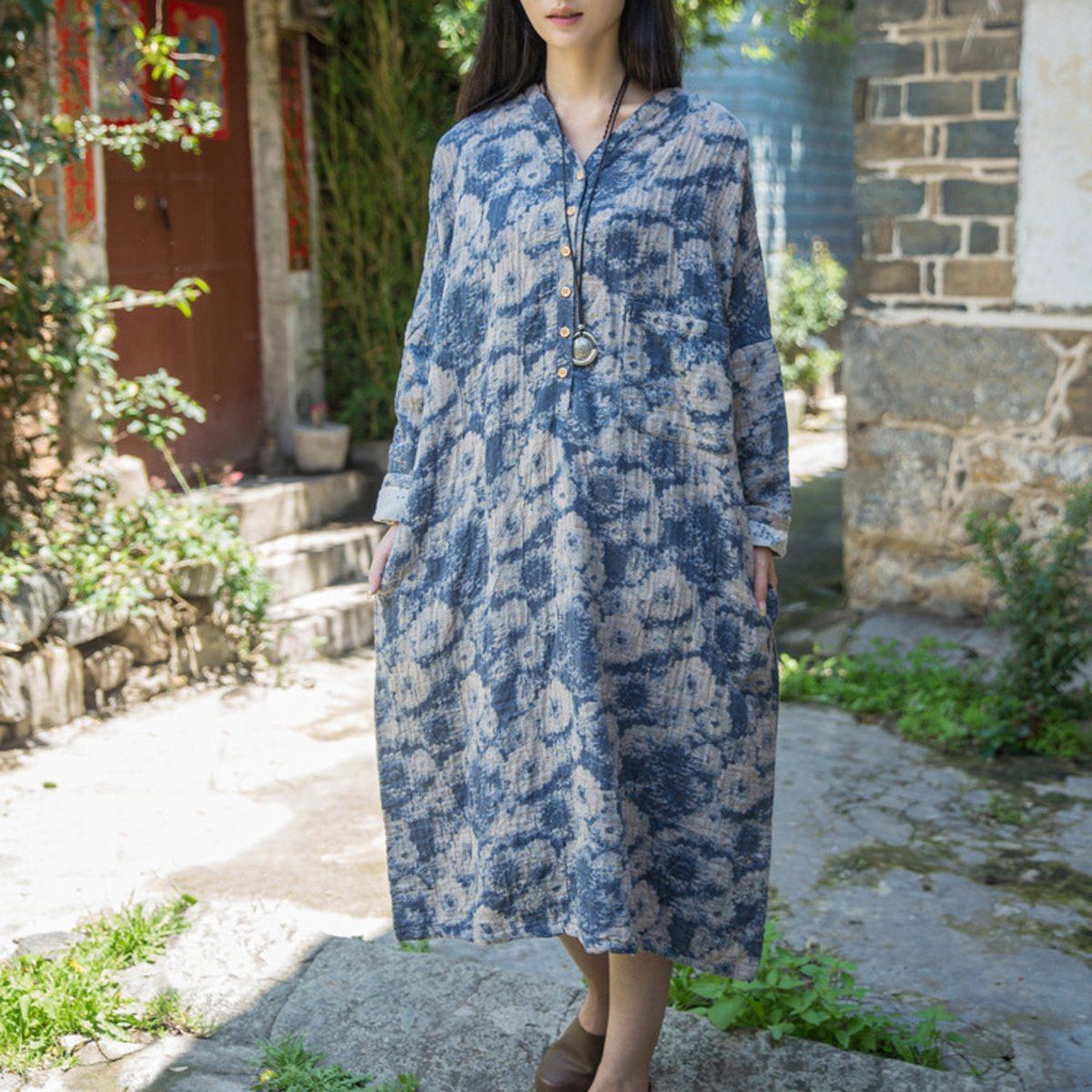 Cotton Linen Casual Loose Fitting Floral Dress Red / Blue