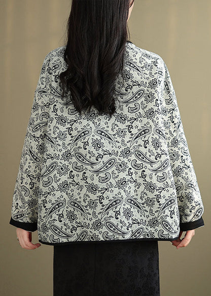 Retro O-Neck Tassel Pockets Print Cotton Coat Spring