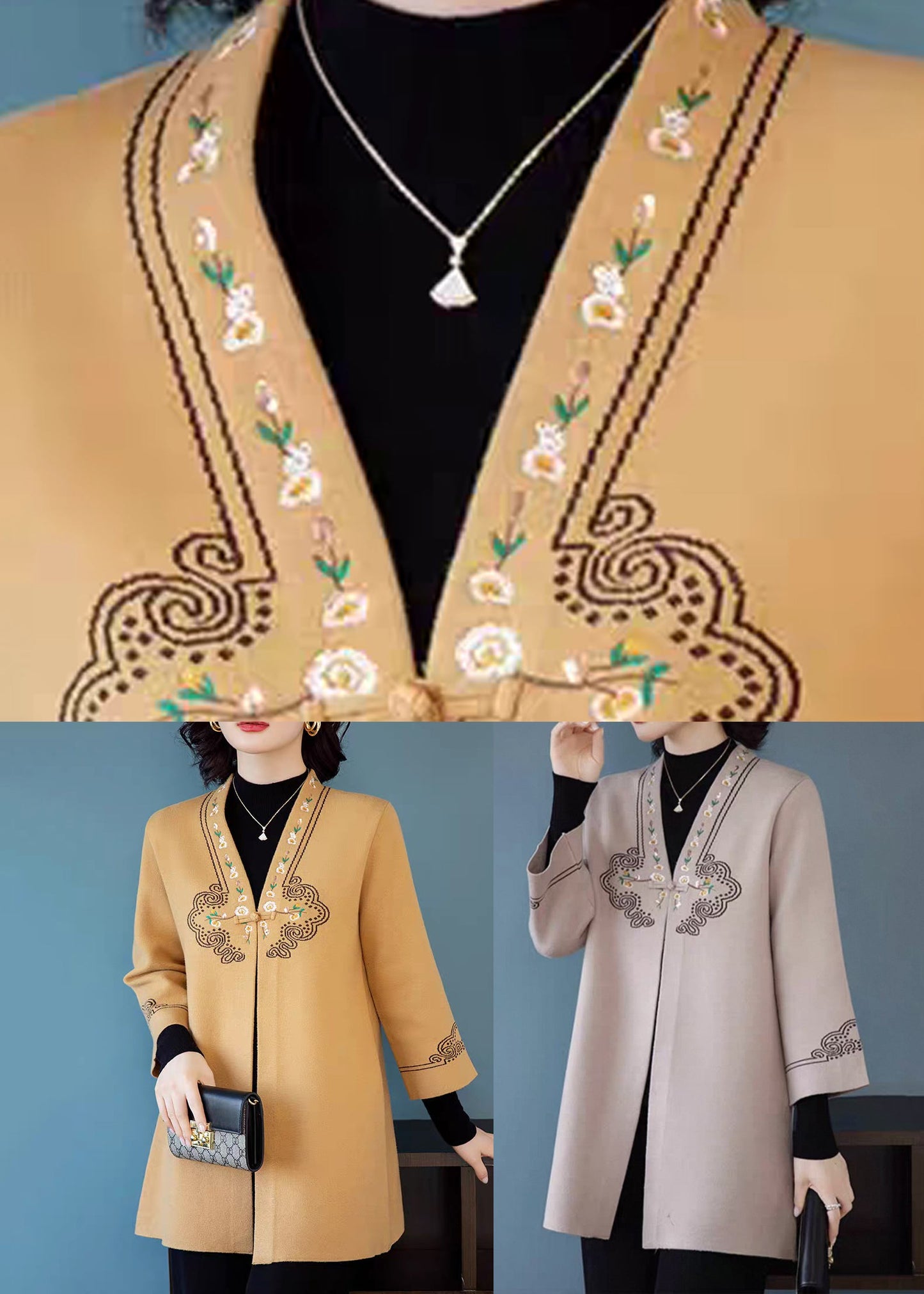 Elegant Yellow V Neck Pockets Woolen Coats Three Quarter Sleeve