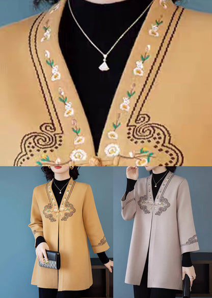 Elegant Yellow V Neck Pockets Woolen Coats Three Quarter Sleeve