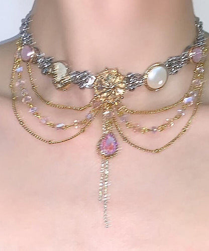 Modern Pink Alloy Gem Stone Multi-Layer Tassel Pendant Necklace