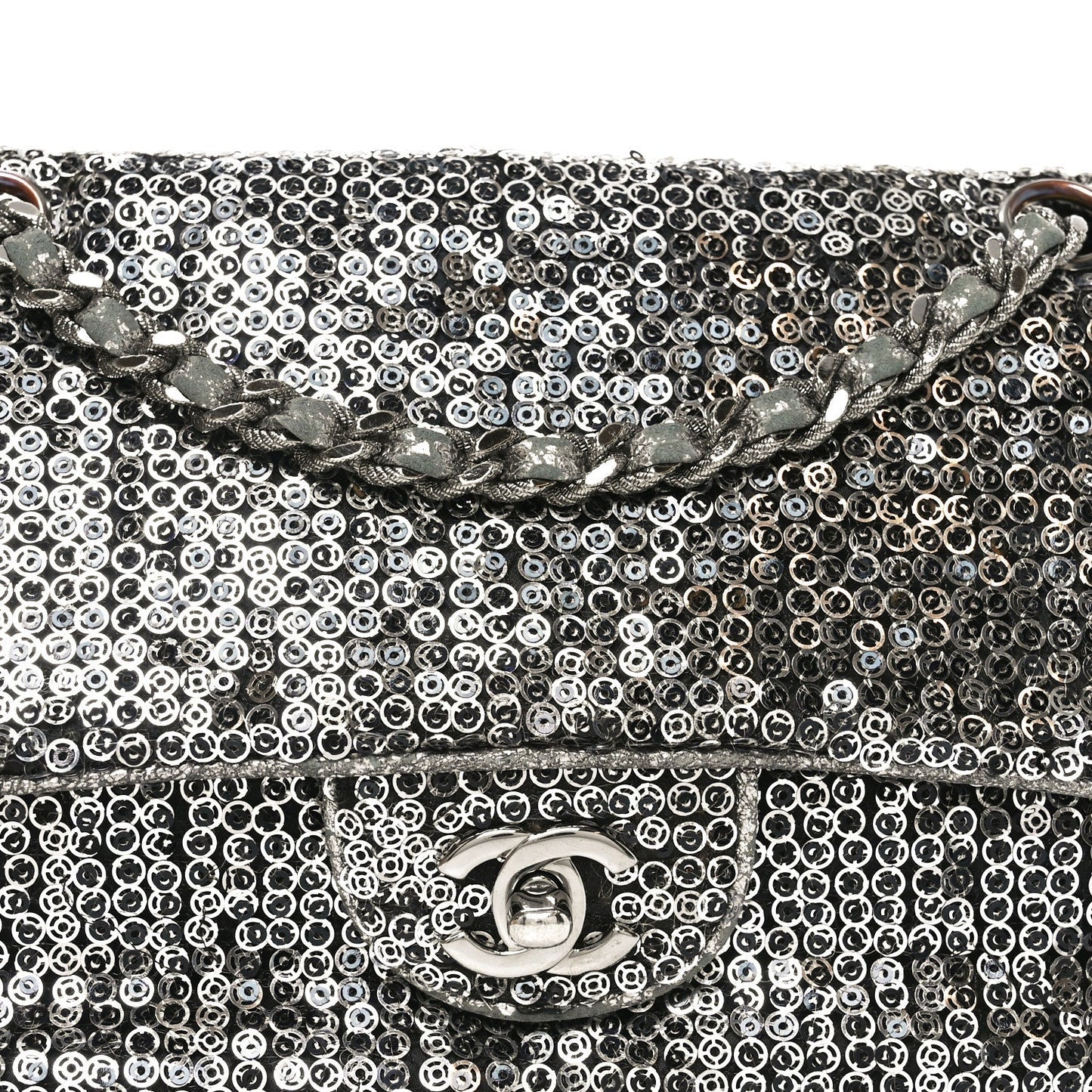 Sequin Medium Single Flap Dark Silver