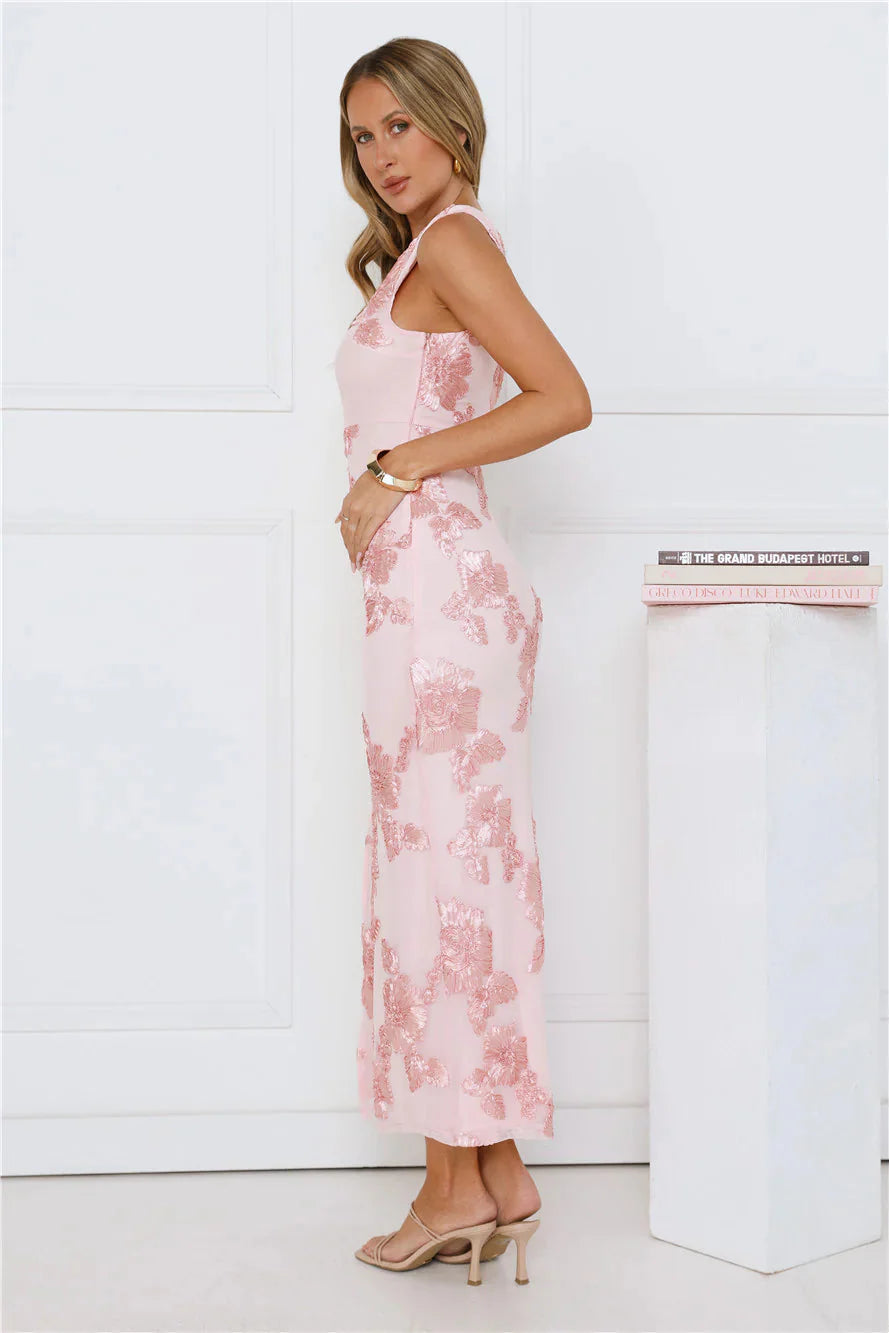 Billions Off Shoulder Mesh Maxi Dress Pink