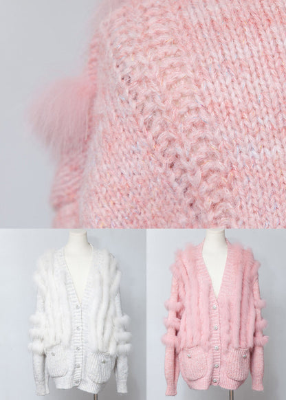 Chic Pink V Neck Fox Fur Patchwork Woolen Cardigans Winter