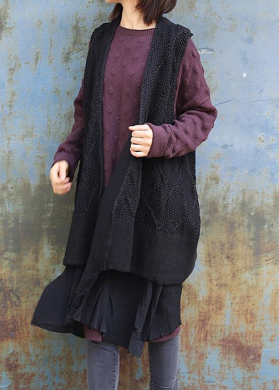 Vintage sleeveless knit outwear oversize black hollow out knit cardigans