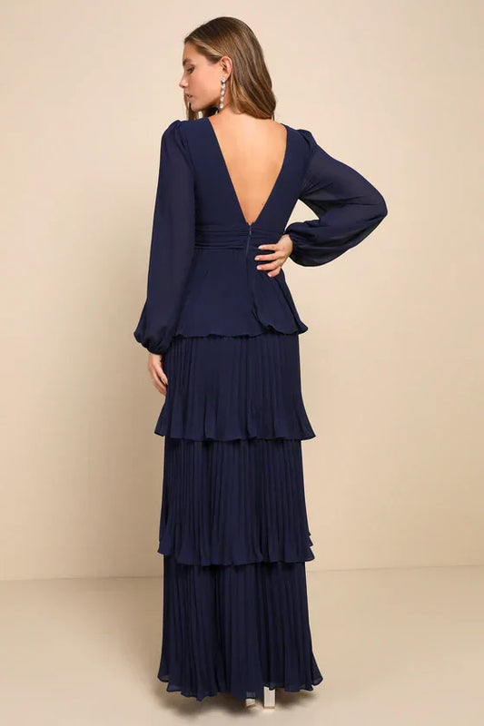 Graceful Finesse Navy Blue Pleated Long Sleeve Maxi Dress