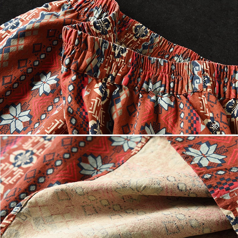 Retro Print Casual Cotton Linen A-Line Skirt