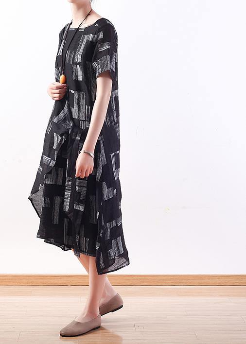 Beautiful black linen clothes tie waist long summer prints Dresses