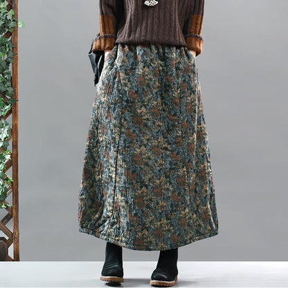 Retro Cotton Linen Quilted Thick Print Floral Skirt
