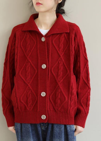 Red Knitted Top Stand Collar Pockets Oversized  Knitwear