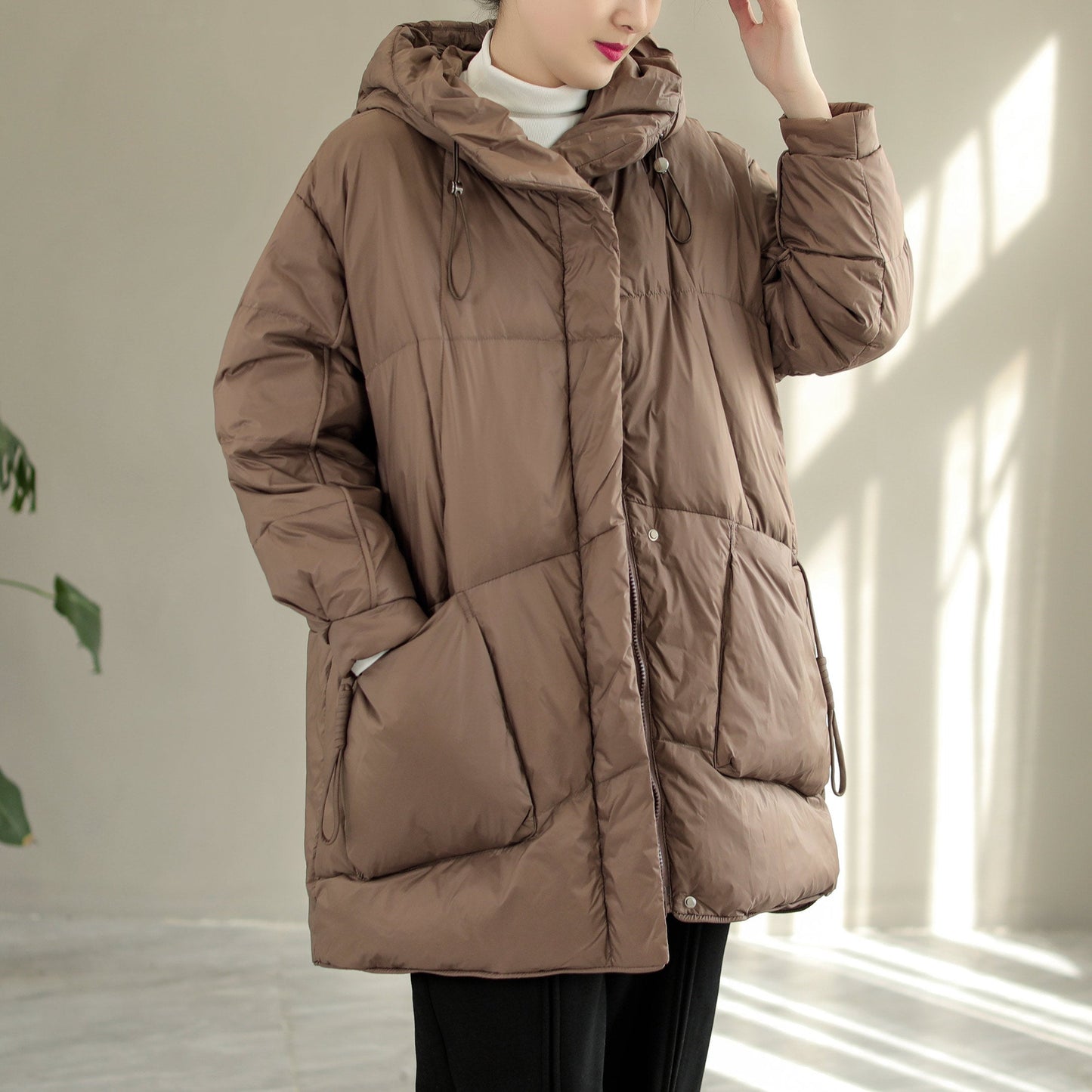 Women Fashion Hooded Lacing Loose Down Coat